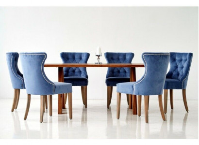 Rectangular wooden table Designer x6 Chesterfield blue chairs 7-piece dining set